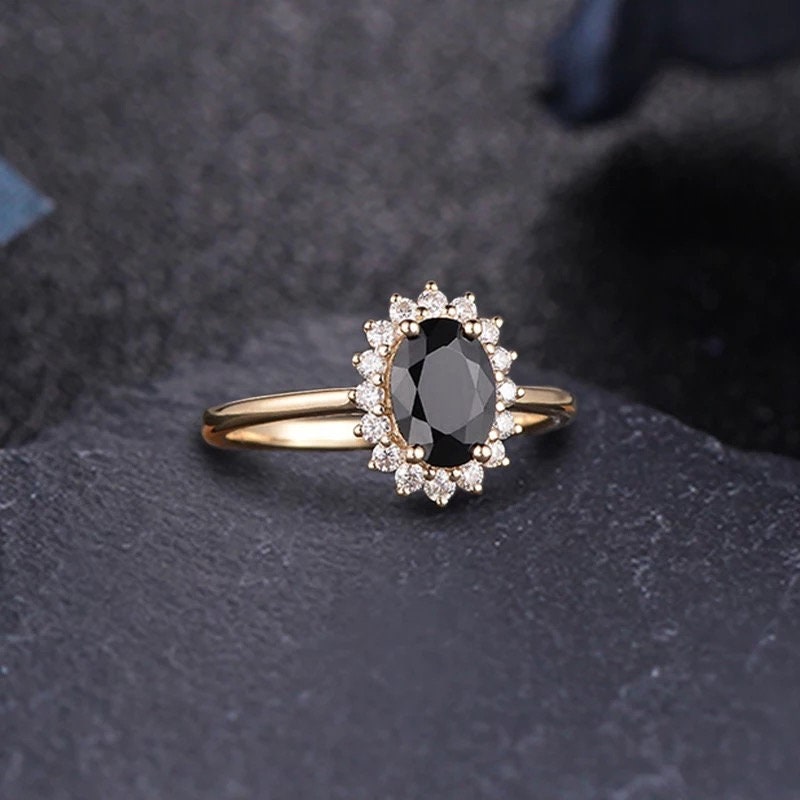 14K solid gold 1.5ct oval cut natural black agate engagement ring, Wedding ring