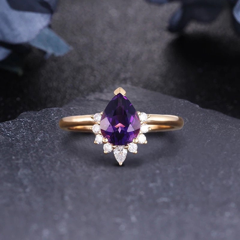 14 solid gold 1.26 ct pear natural Amethyst engagement wedding ring, Annivesary ring