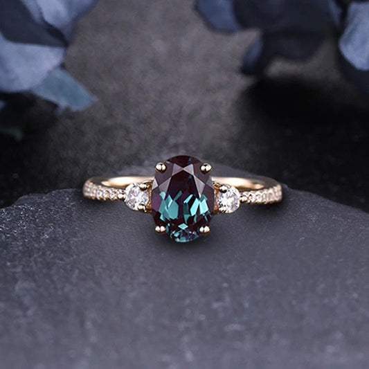 14k gold oval cut Alexandrite engagement ring, Yellow gold alexandrite diamond ring,Unique color change ring, Anniversary  gemstone ring