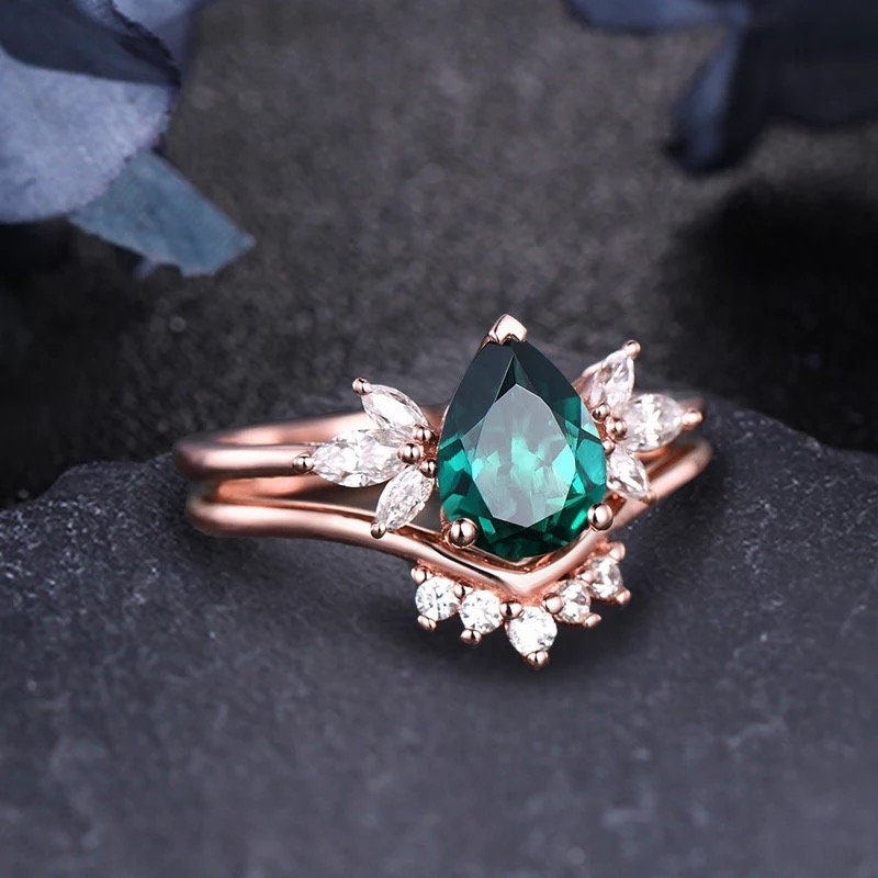 14K solid gold 1/35 ct pear Lab created emerald engagement ring set, Vintage emerald and moissanite ring se