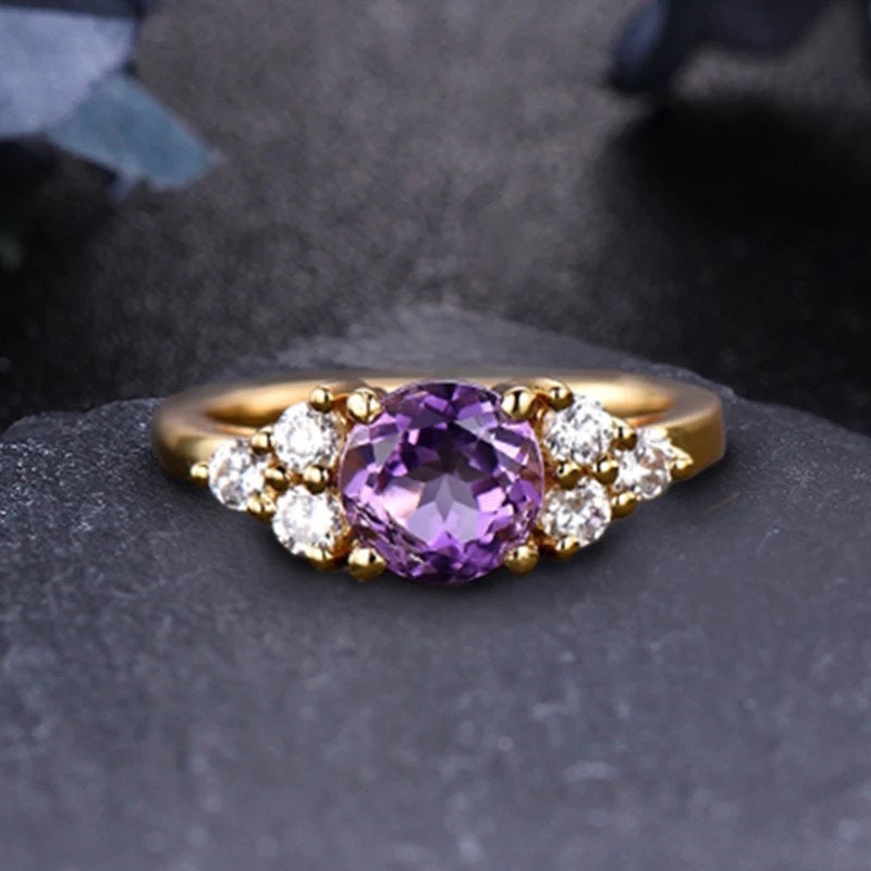 14k yellow Gold natural Amethyst  ring, Solid  gold 1.2ct round cut purple gemstone jewellery