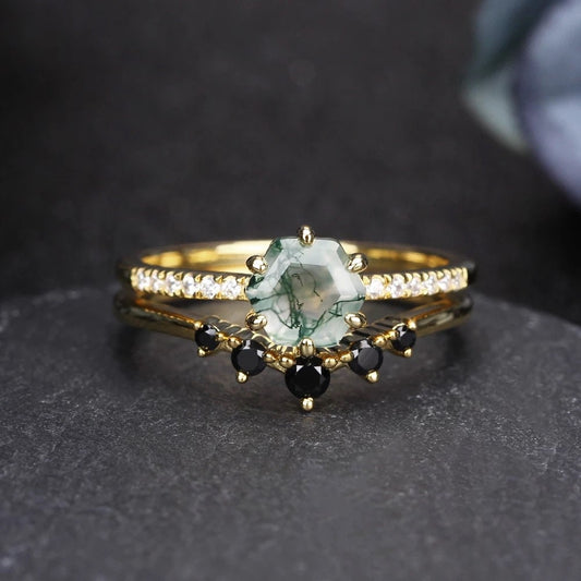 14k Solid gold 1.2ct hexagon shape natural moss agate engagement ring set, Wedding ring set