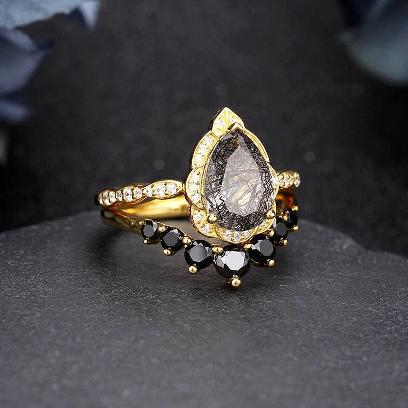 14k Solid gold 2.35ct Pear Black quartz gemstone ring set, Engagement ring set