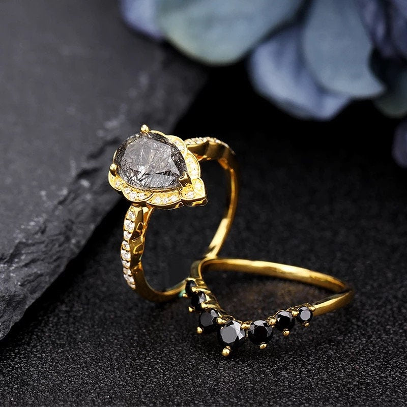 14k Solid gold 2.35ct Pear Black quartz gemstone ring set, Engagement ring set