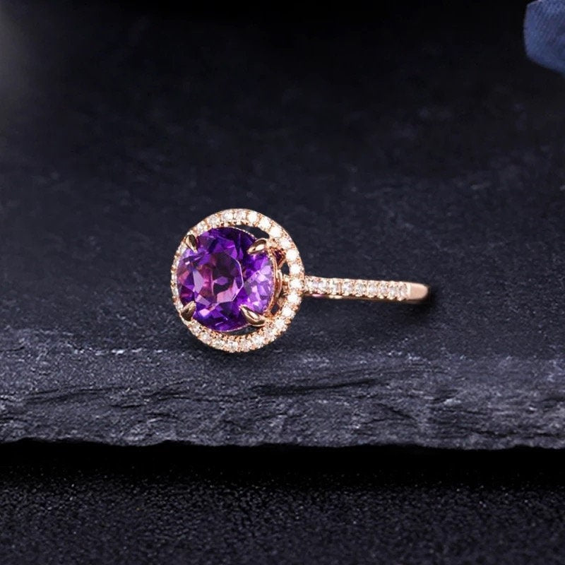 Natural Amethyst diamond halo engagement ring