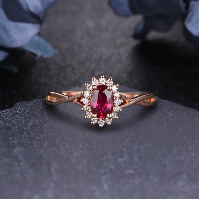 14k rose gold lab created ruby engagement ring, Lab created ruby and moissanite halo ring, Anniversary ring