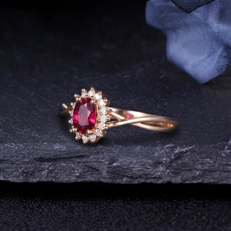 14k rose gold lab created ruby engagement ring, Lab created ruby and moissanite halo ring, Anniversary ring