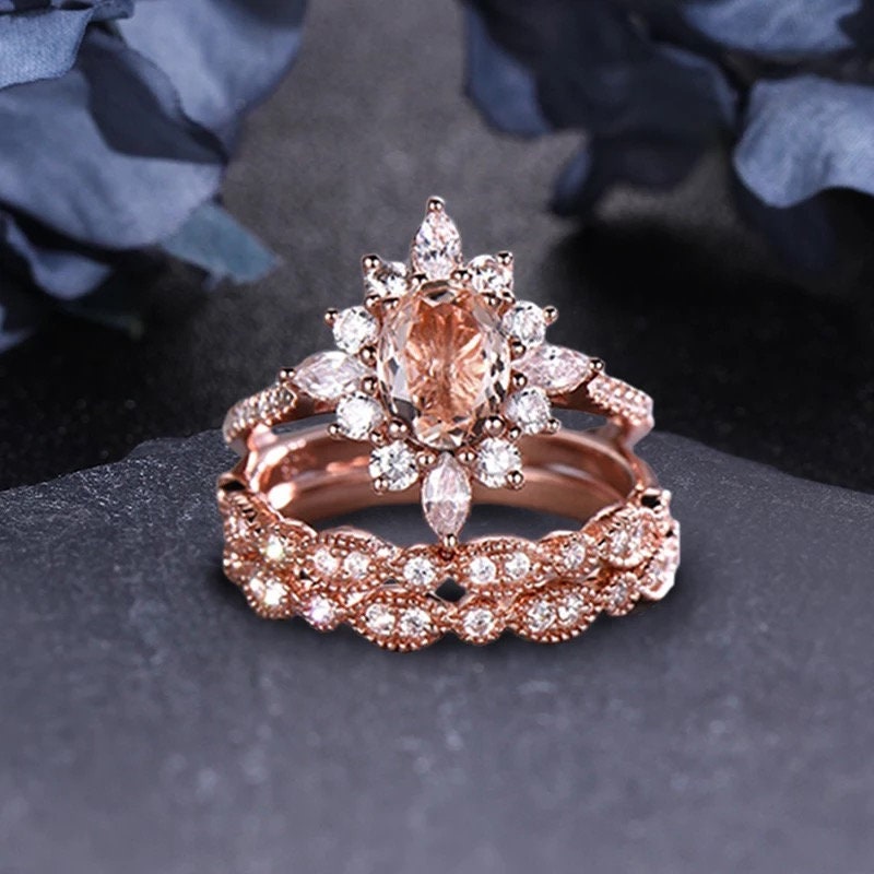 14k solid gold 1.3ct oval cut morganite engagement ring set, bridal ring set