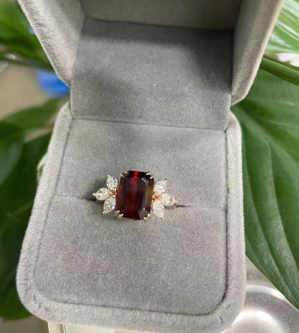 Emerald cut garnet ring with moissanite diamond, Emerald cut engagement ring, Unique rose gold marquise cut moissanite diamond cluster ring