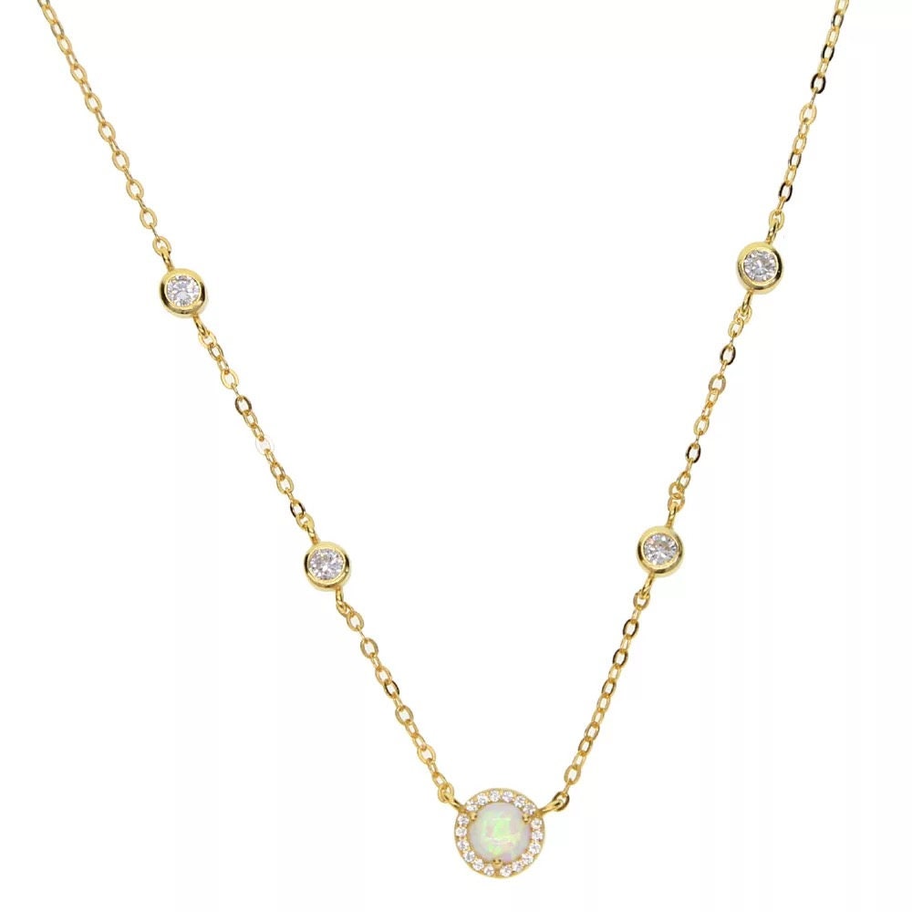 Sterling silver cz station main opal stone necklace