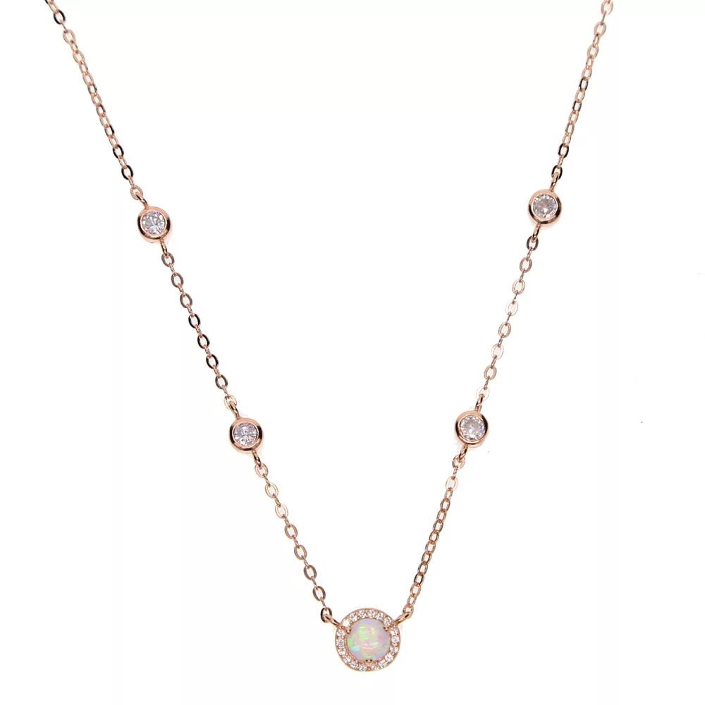 Sterling silver cz station main opal stone necklace