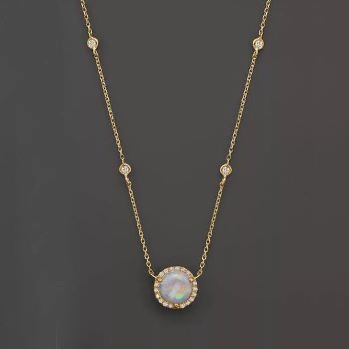 Sterling silver cz station main opal stone necklace