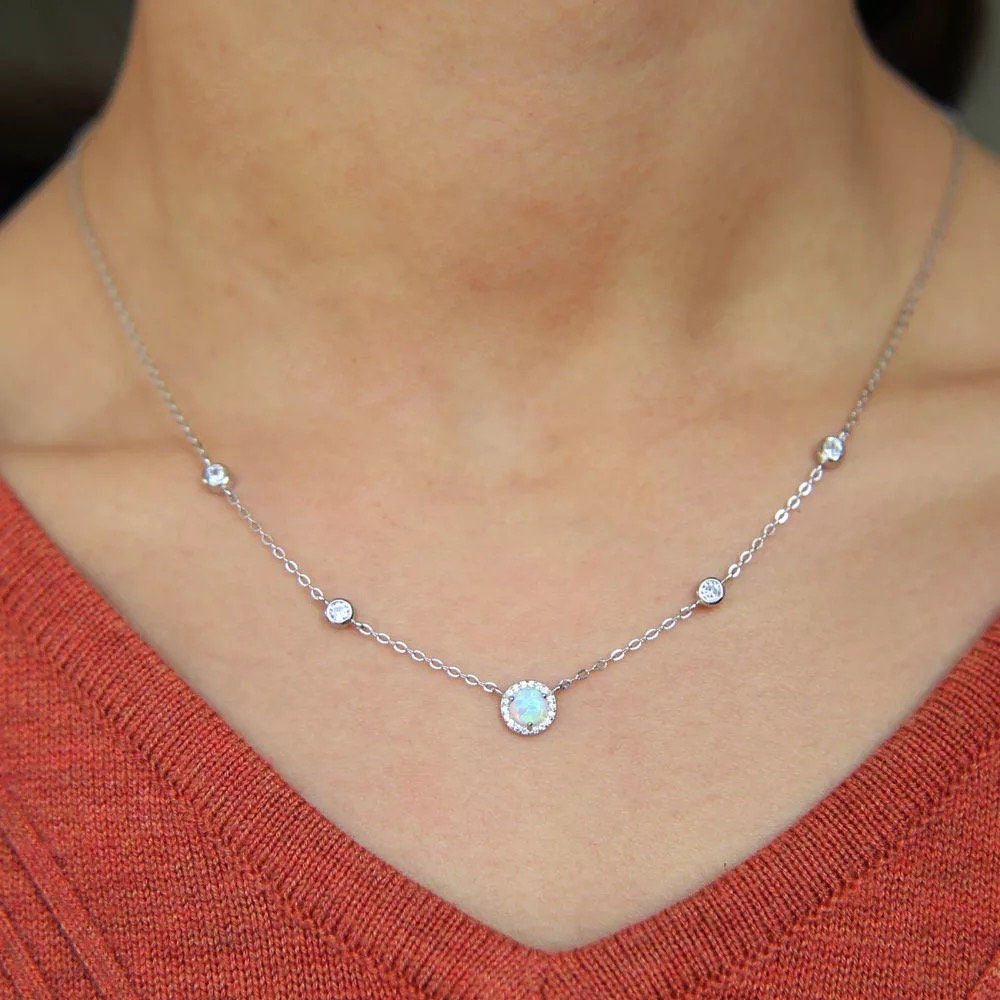 Sterling silver cz station main opal stone necklace