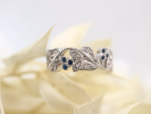 9k white gold Vine and leaf white gold diamond ring - Filigree diamond ring, natural inspired round pink/blue sapphire and diamond vine band