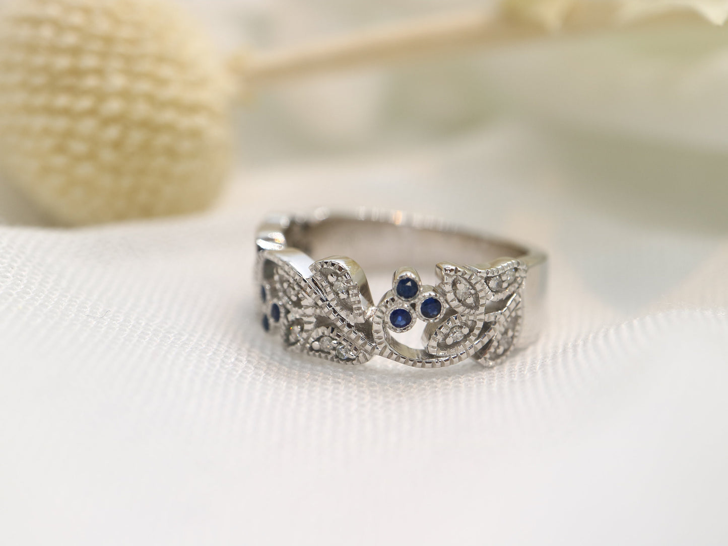 9k white gold Vine and leaf white gold diamond ring - Filigree diamond ring, natural inspired round pink/blue sapphire and diamond vine band