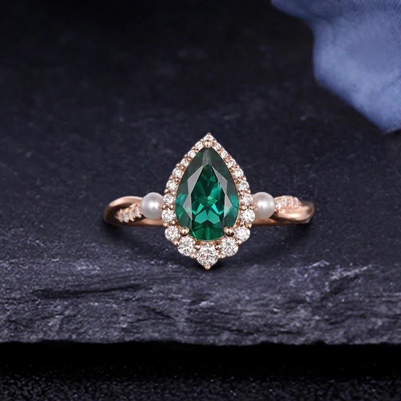 Pear emerald engagement ring, 14K Solid gold pear shaped lab  emerald ring, Pearl shape wedding ring