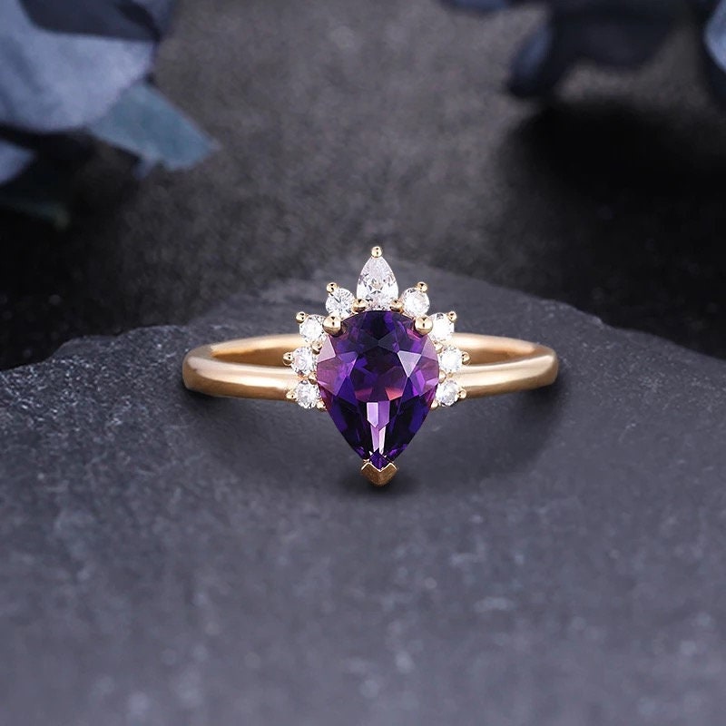 14 solid gold 1.26 ct pear natural Amethyst engagement wedding ring, Annivesary ring