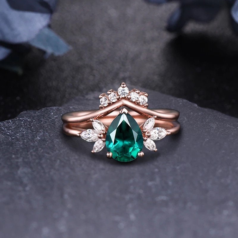 14K solid gold 1/35 ct pear Lab created emerald engagement ring set, Vintage emerald and moissanite ring se