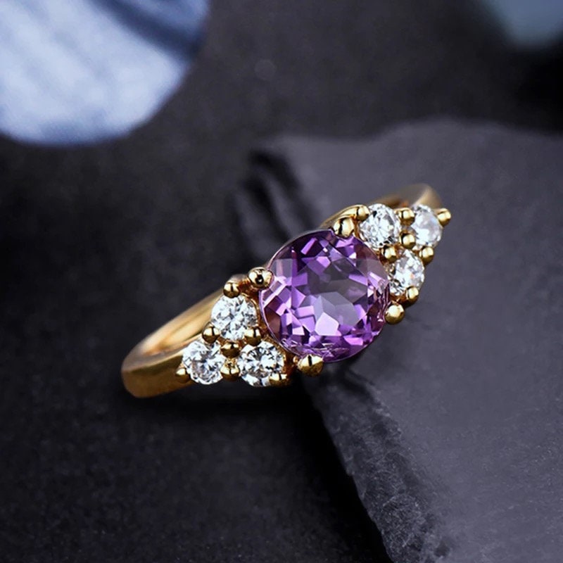 14k yellow Gold natural Amethyst  ring, Solid  gold 1.2ct round cut purple gemstone jewellery