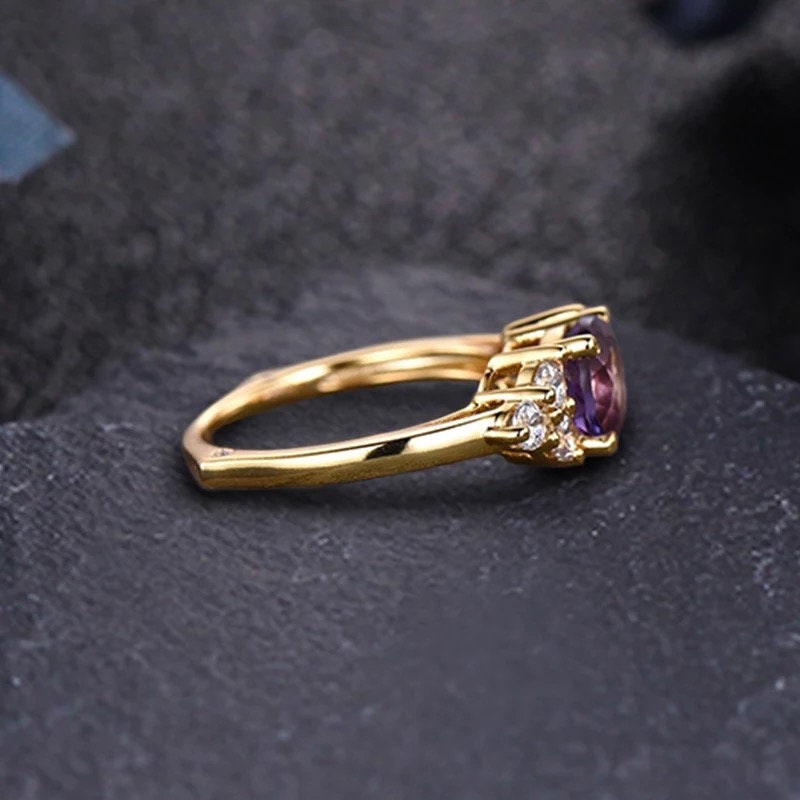 14k yellow Gold natural Amethyst  ring, Solid  gold 1.2ct round cut purple gemstone jewellery