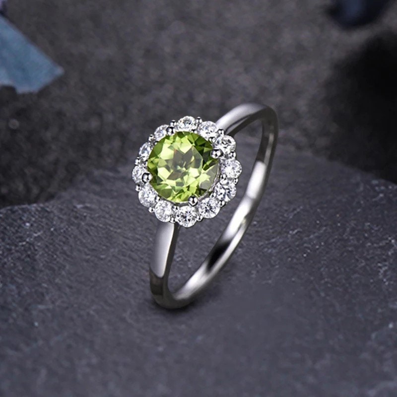 14k Solid gold 1.3 ct round cut peridot engagement ring, wedding ring