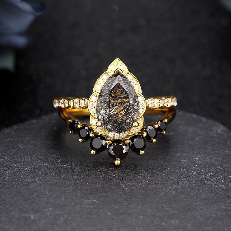 14k Solid gold 2.35ct Pear Black quartz gemstone ring set, Engagement ring set