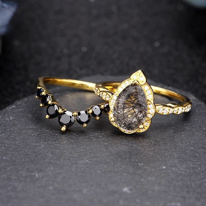 14k Solid gold 2.35ct Pear Black quartz gemstone ring set, Engagement ring set