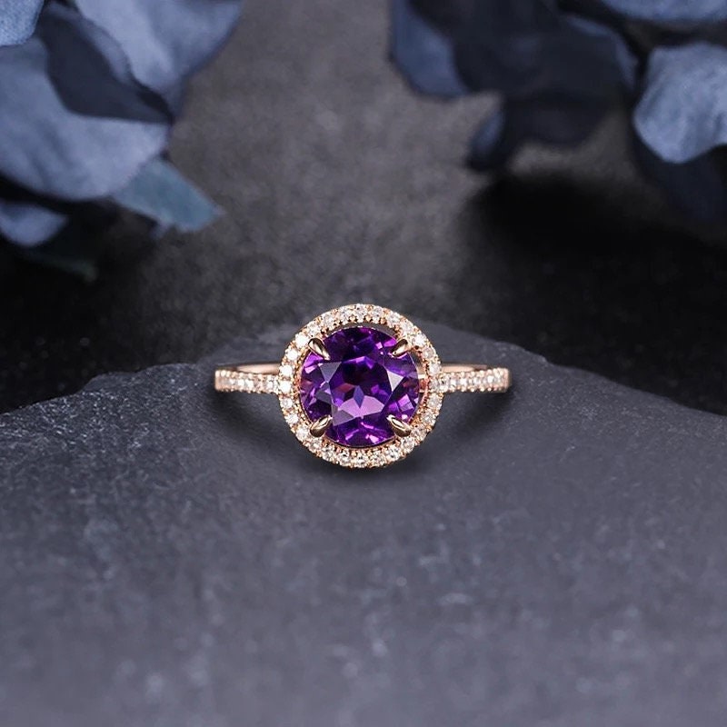 Natural Amethyst diamond halo engagement ring