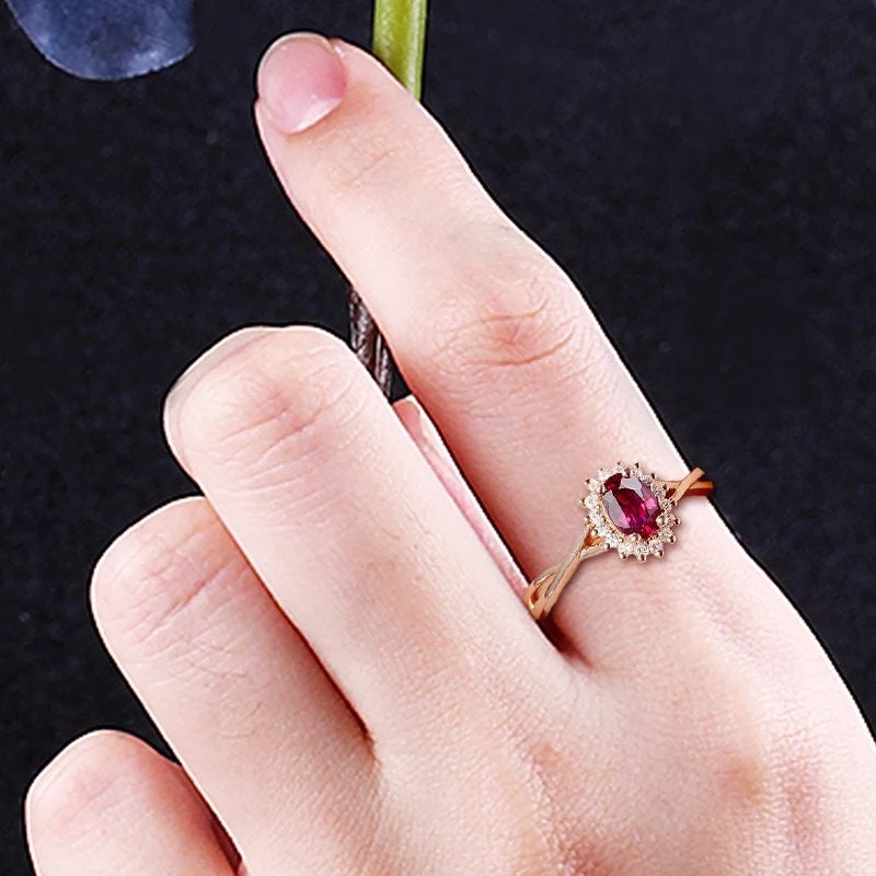 14k rose gold lab created ruby engagement ring, Lab created ruby and moissanite halo ring, Anniversary ring