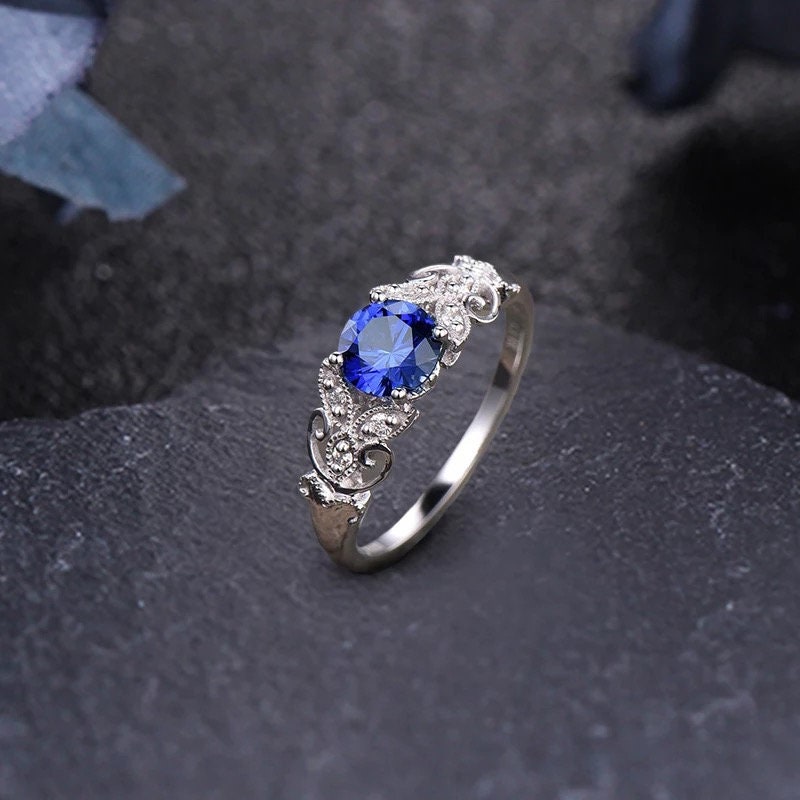 14k solid gold 1.3ct round cut lab created sapphire engagement ring, Wedding ring, Anniversary ring