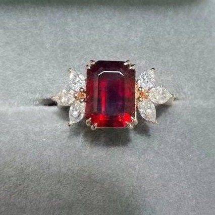 Emerald cut garnet ring with moissanite diamond, Emerald cut engagement ring, Unique rose gold marquise cut moissanite diamond cluster ring