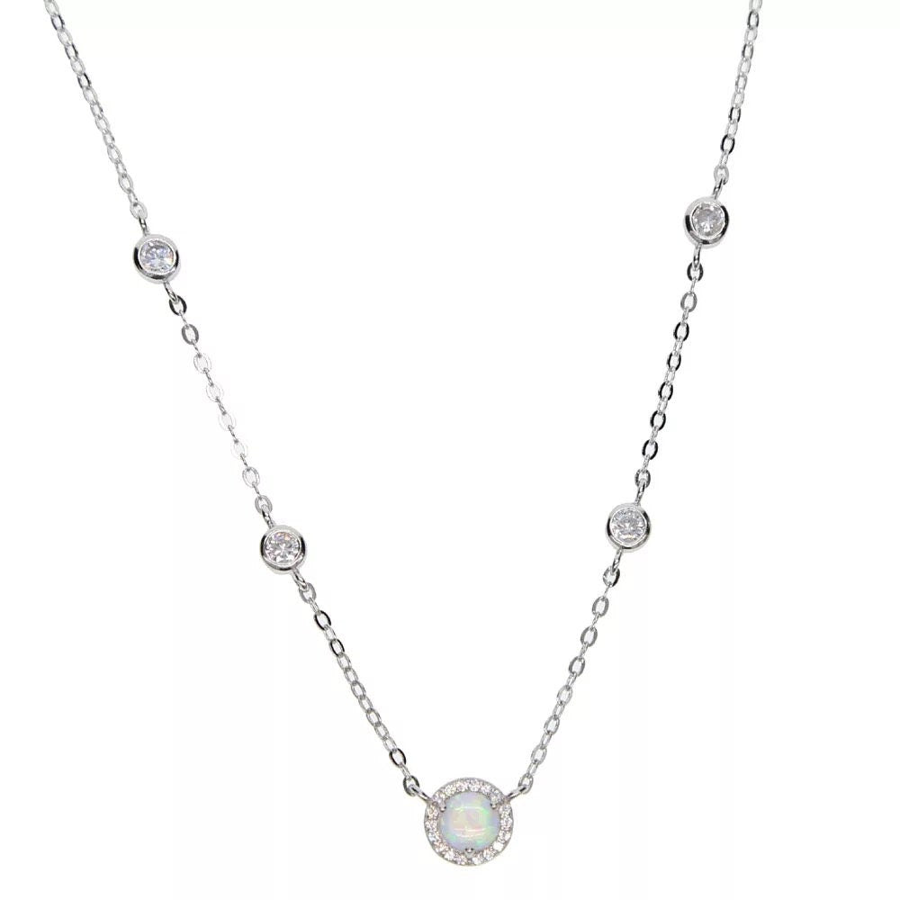 Sterling silver cz station main opal stone necklace