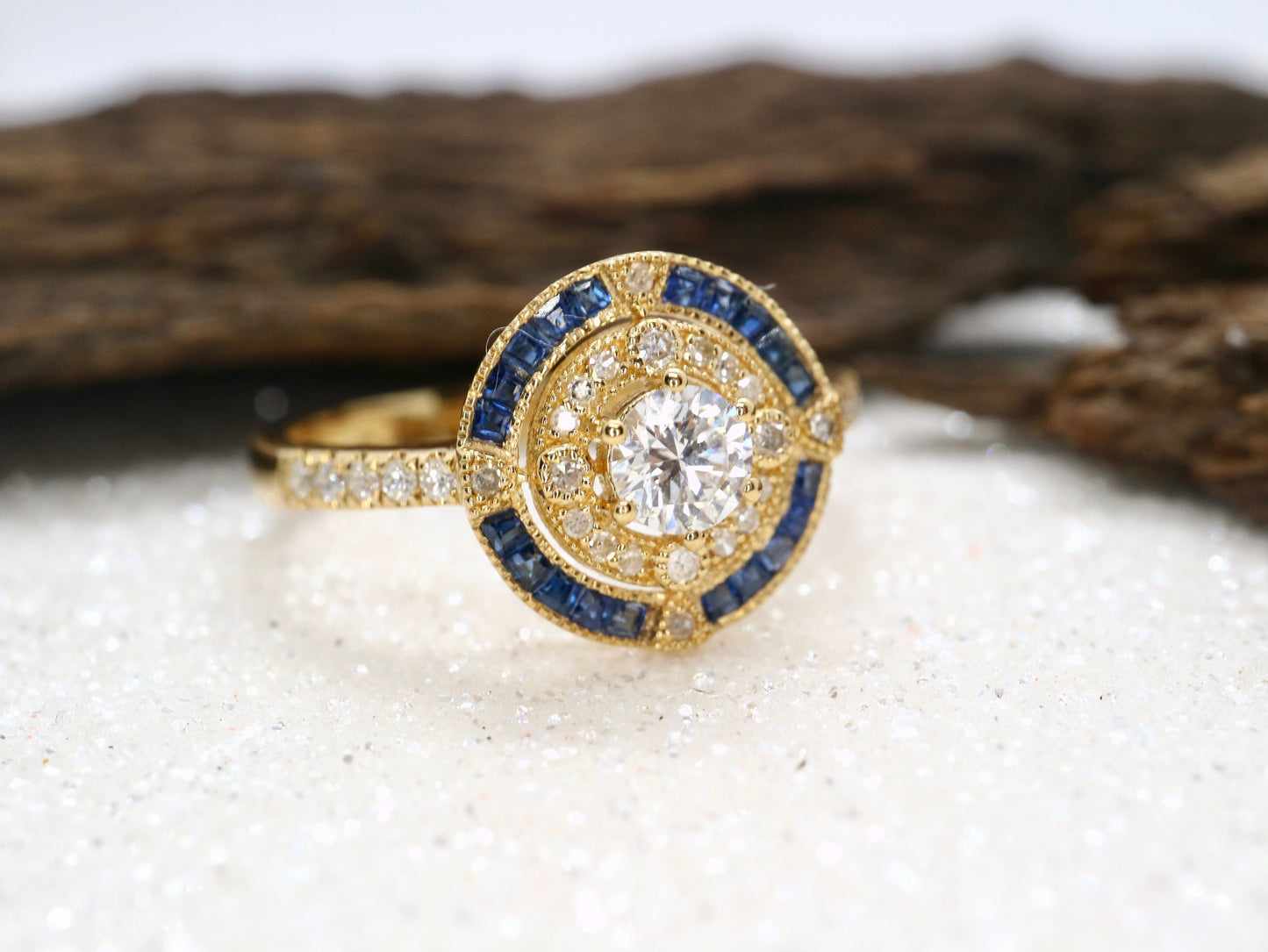 Antique art deco inspired white gold ring with diamond and blue sapphire  halo