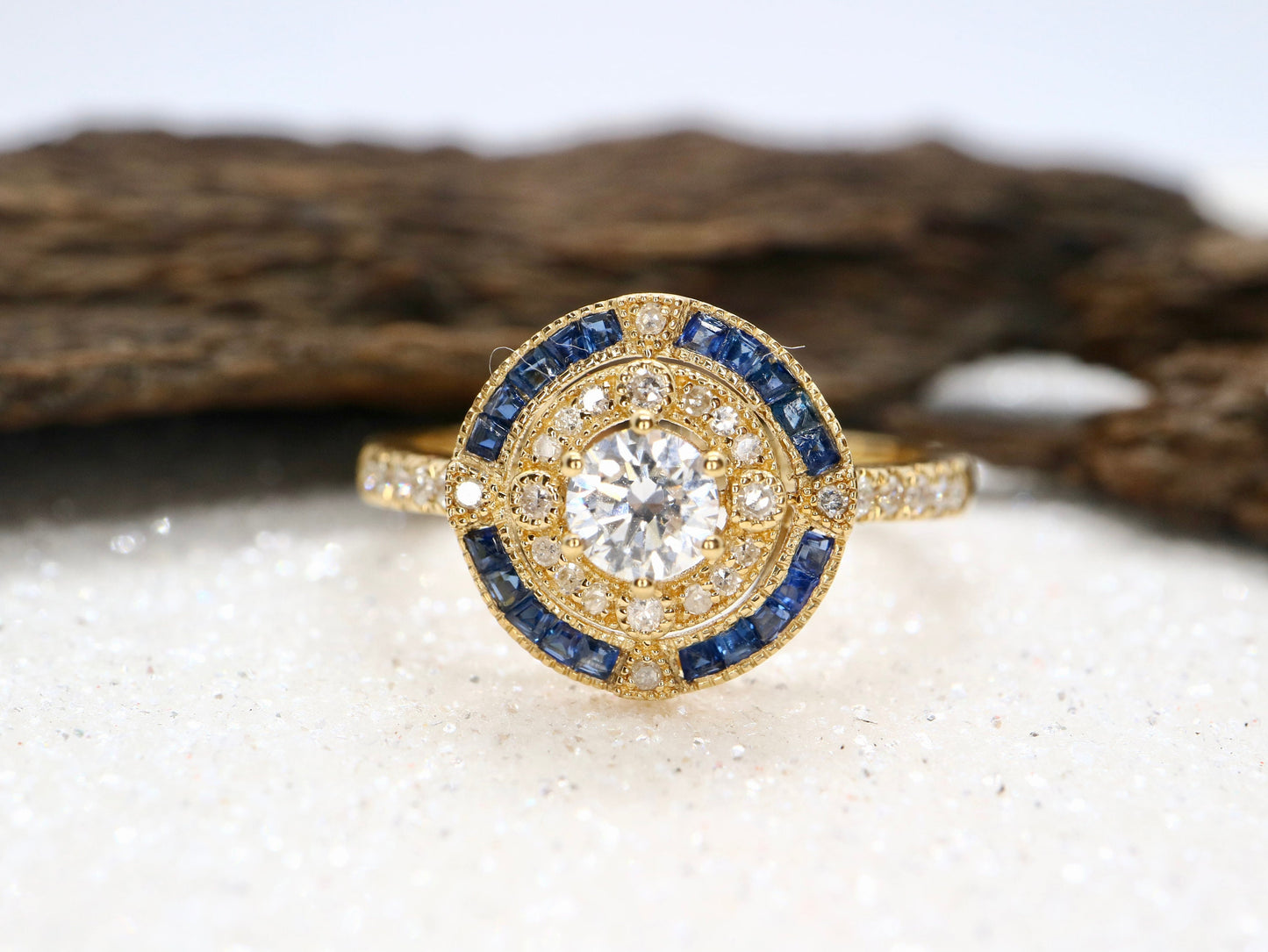 Antique art deco inspired white gold ring with diamond and blue sapphire  halo