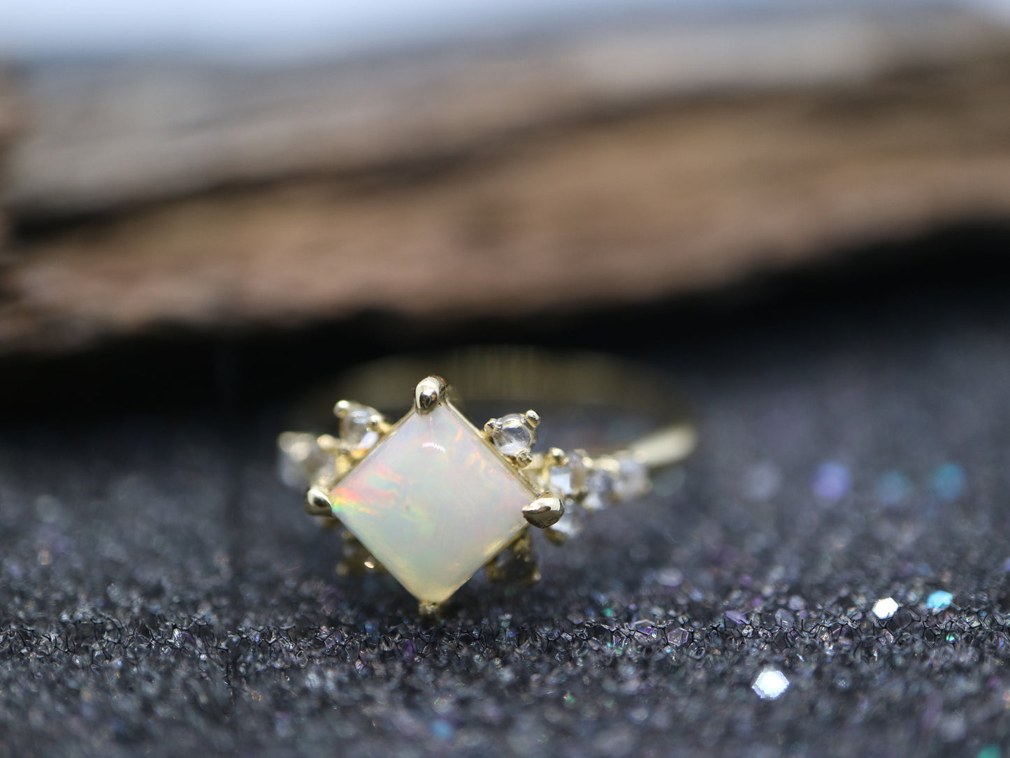 Opal in moonstone setting, 14k gold opal with moonstone cluster ring