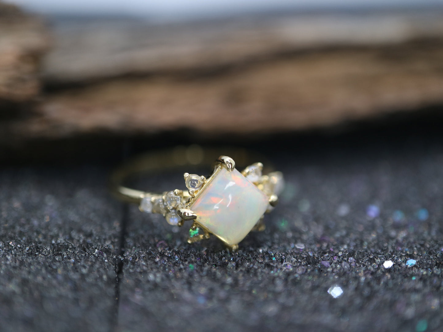 Opal in moonstone setting, 14k gold opal with moonstone cluster ring