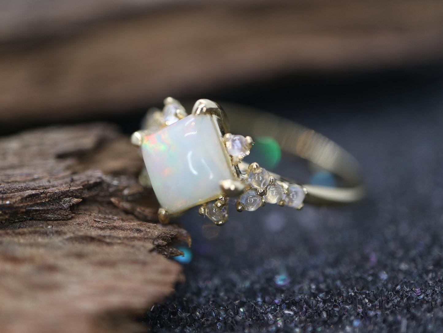 Opal in moonstone setting, 14k gold opal with moonstone cluster ring