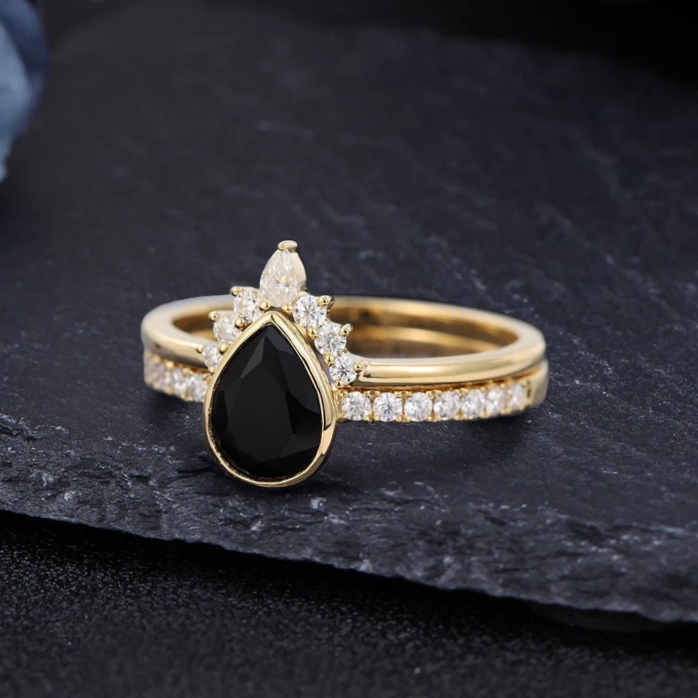 14k Solid Gold 1.25CT Pear Cut Natural Black Onyx Engagement Ring Wedding Ring