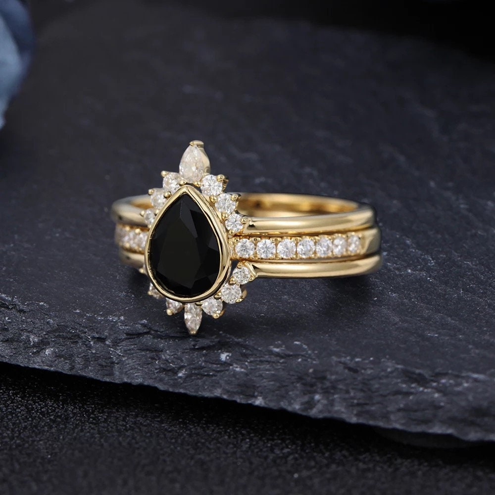 14k Solid Gold 1.25CT Pear Cut Natural Black Onyx Engagement Ring Wedding Ring