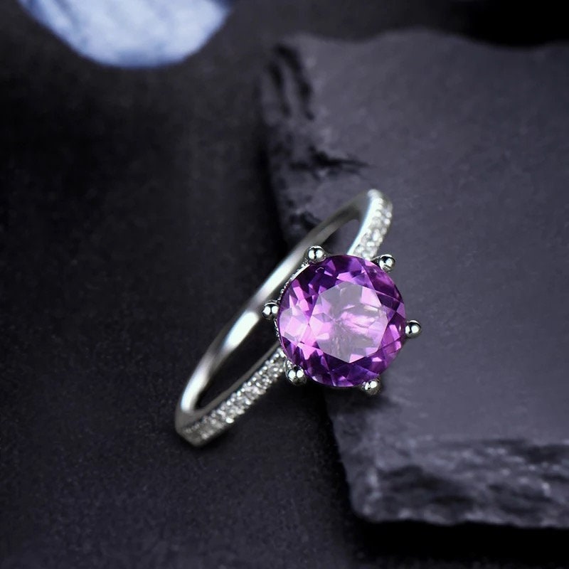 14k Solid Gold 1.3Ct Round Cut Amethyst Engagement Ring Wedding Ring