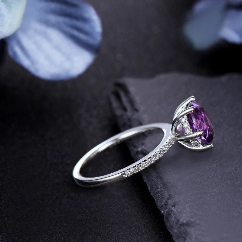 14k Solid Gold 1.3Ct Round Cut Amethyst Engagement Ring Wedding Ring