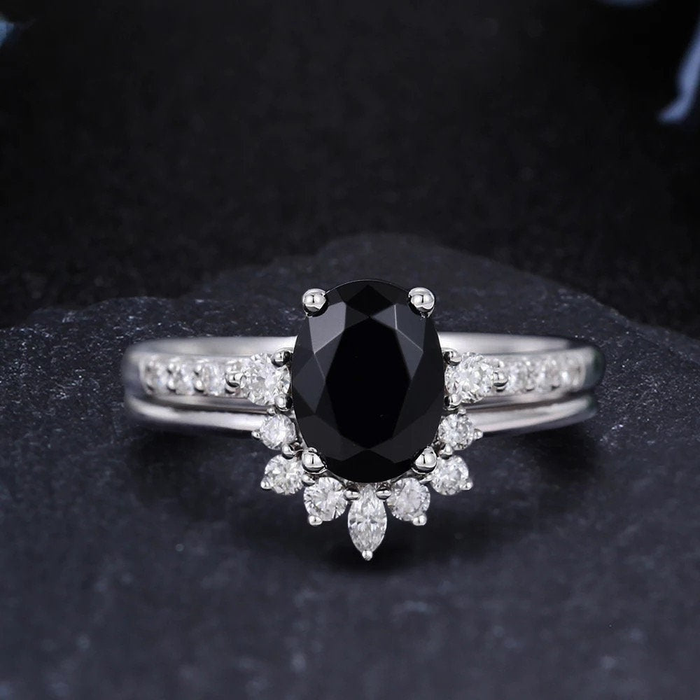 14k black onyx engagement ring, 14k gold oval natural onyx engagement ring, Anniversary ring