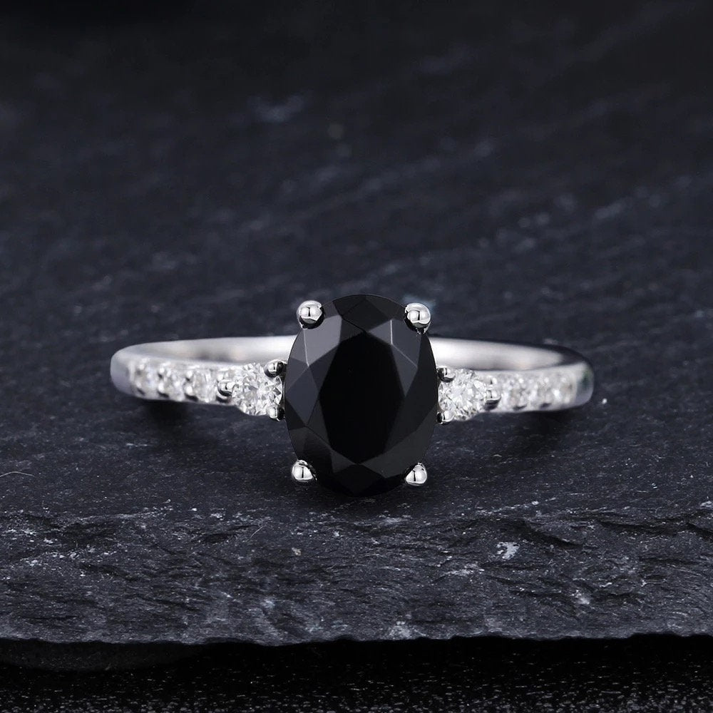 14k black onyx engagement ring, 14k gold oval natural onyx engagement ring, Anniversary ring