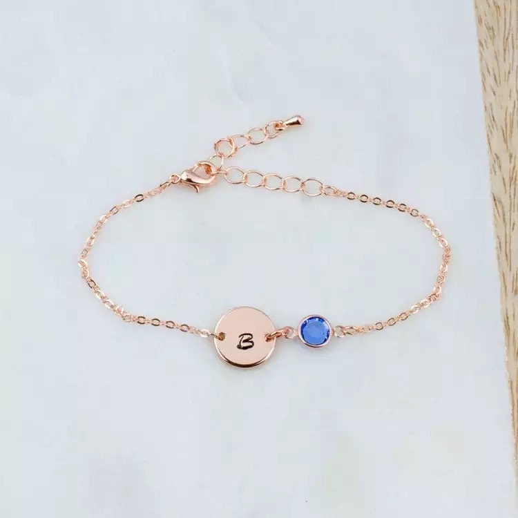 Gold plated disc initial engrave birthstone bracelet