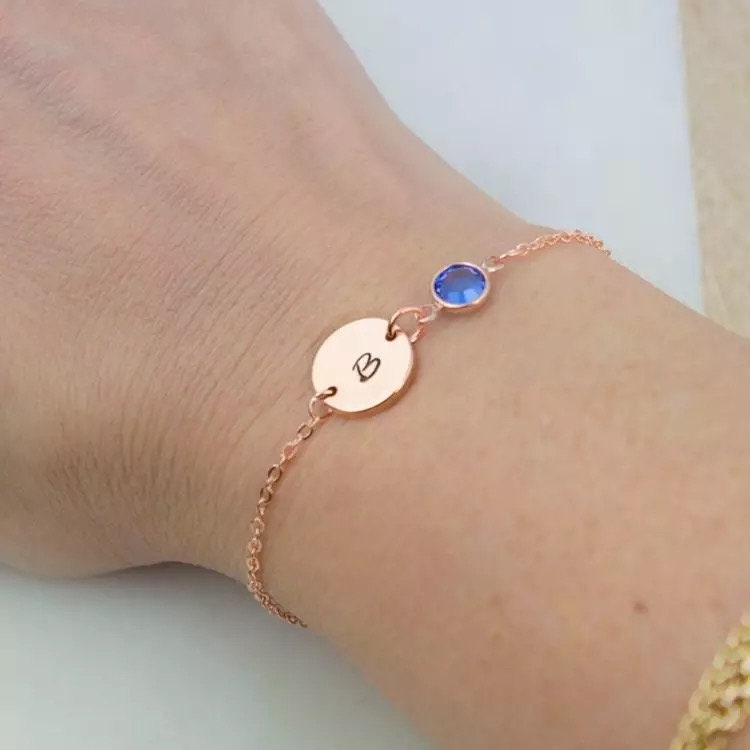 Gold plated disc initial engrave birthstone bracelet