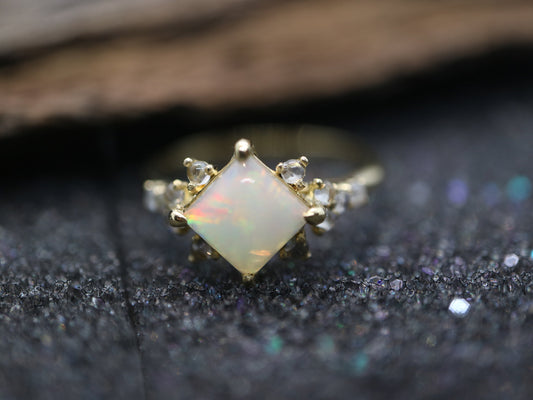 Opal in moonstone setting, 14k gold opal with moonstone cluster ring