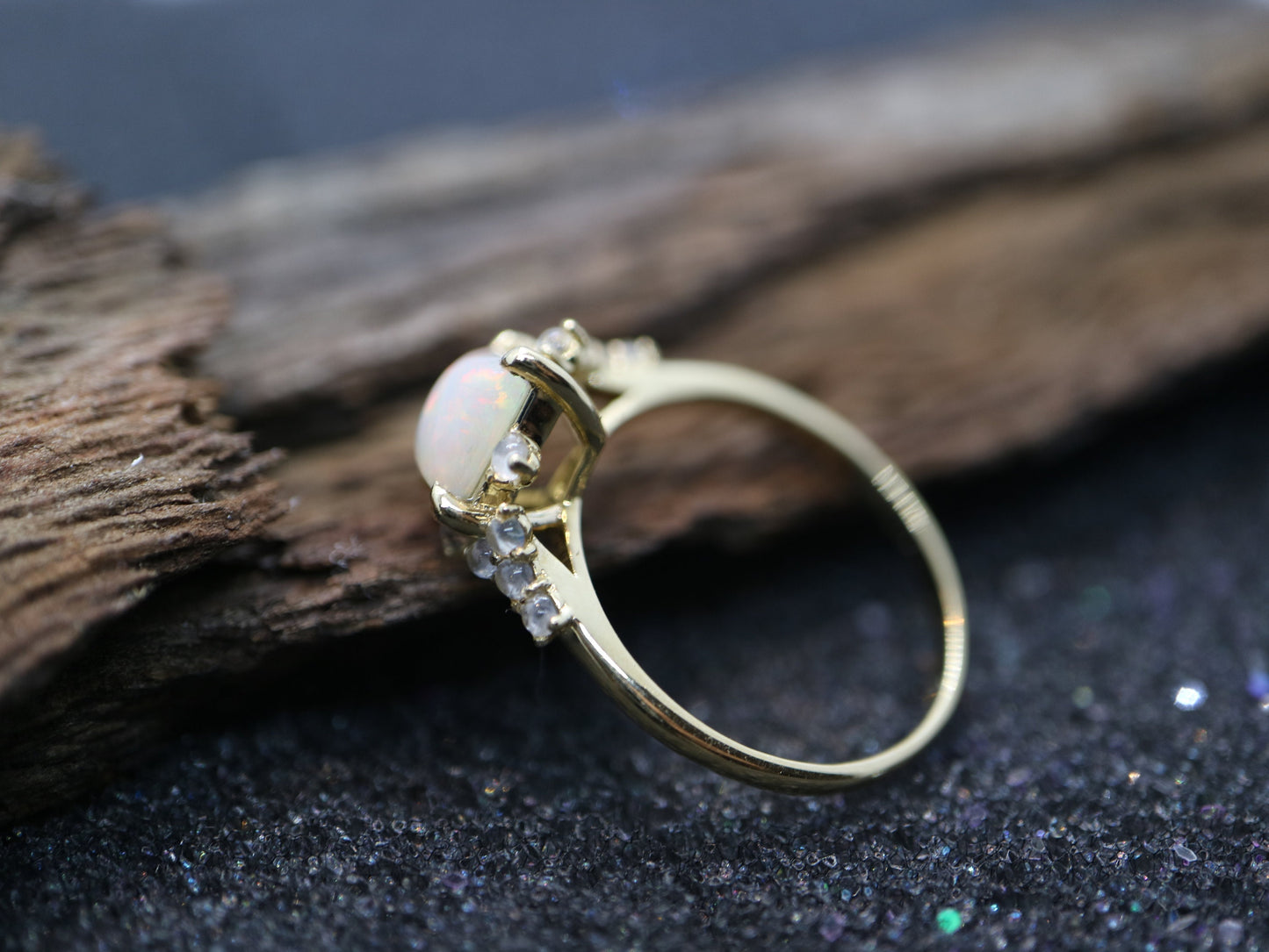 Opal in moonstone setting, 14k gold opal with moonstone cluster ring