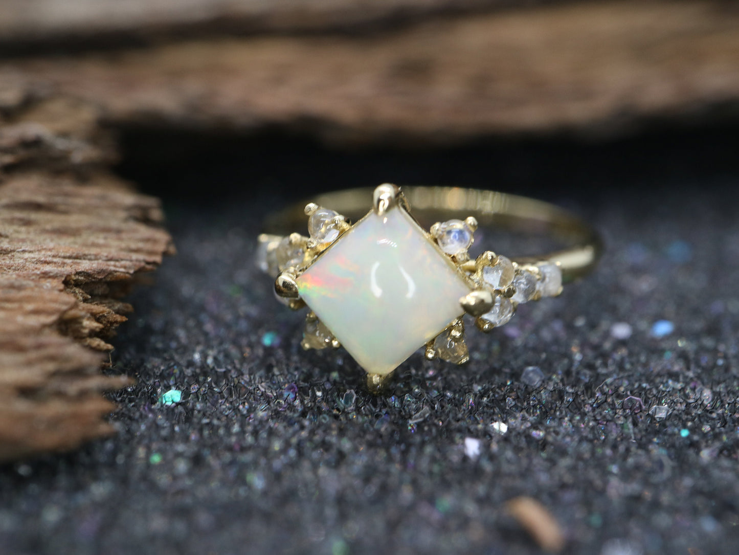 Opal in moonstone setting, 14k gold opal with moonstone cluster ring