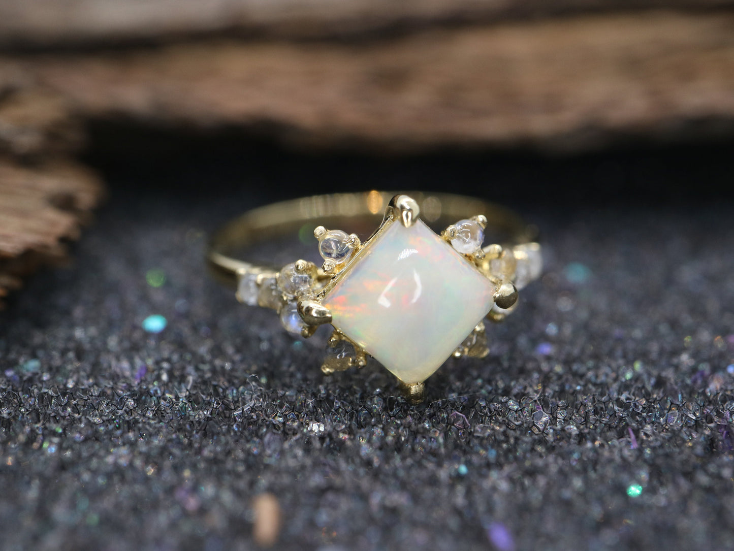 Opal in moonstone setting, 14k gold opal with moonstone cluster ring