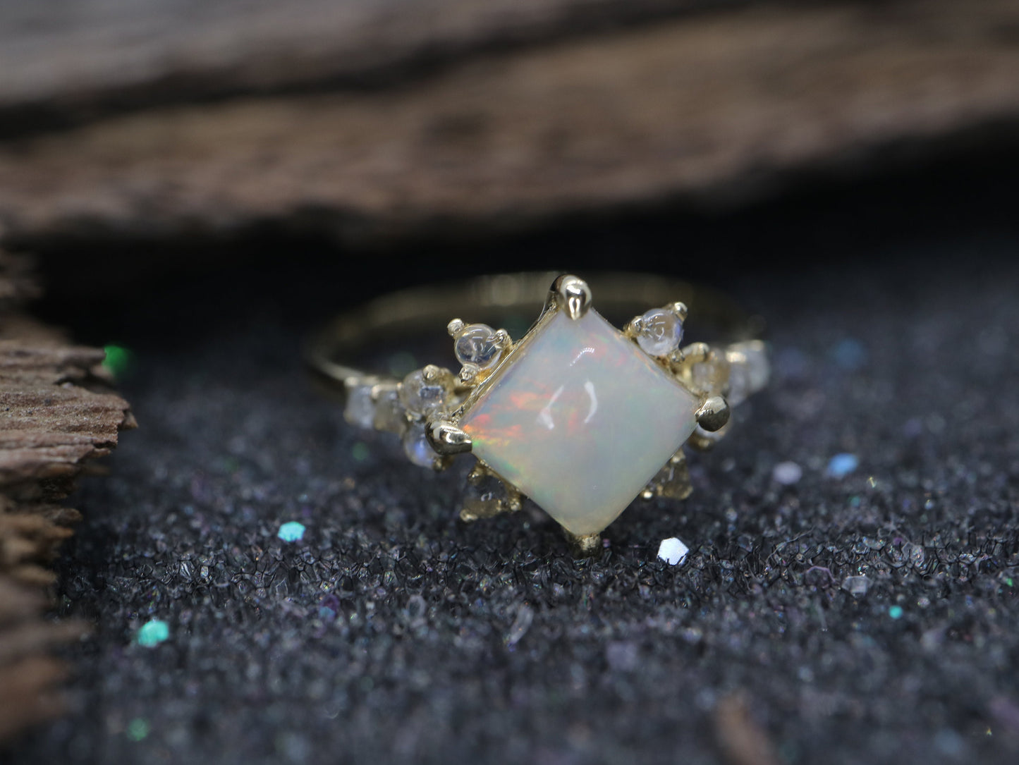 Opal in moonstone setting, 14k gold opal with moonstone cluster ring